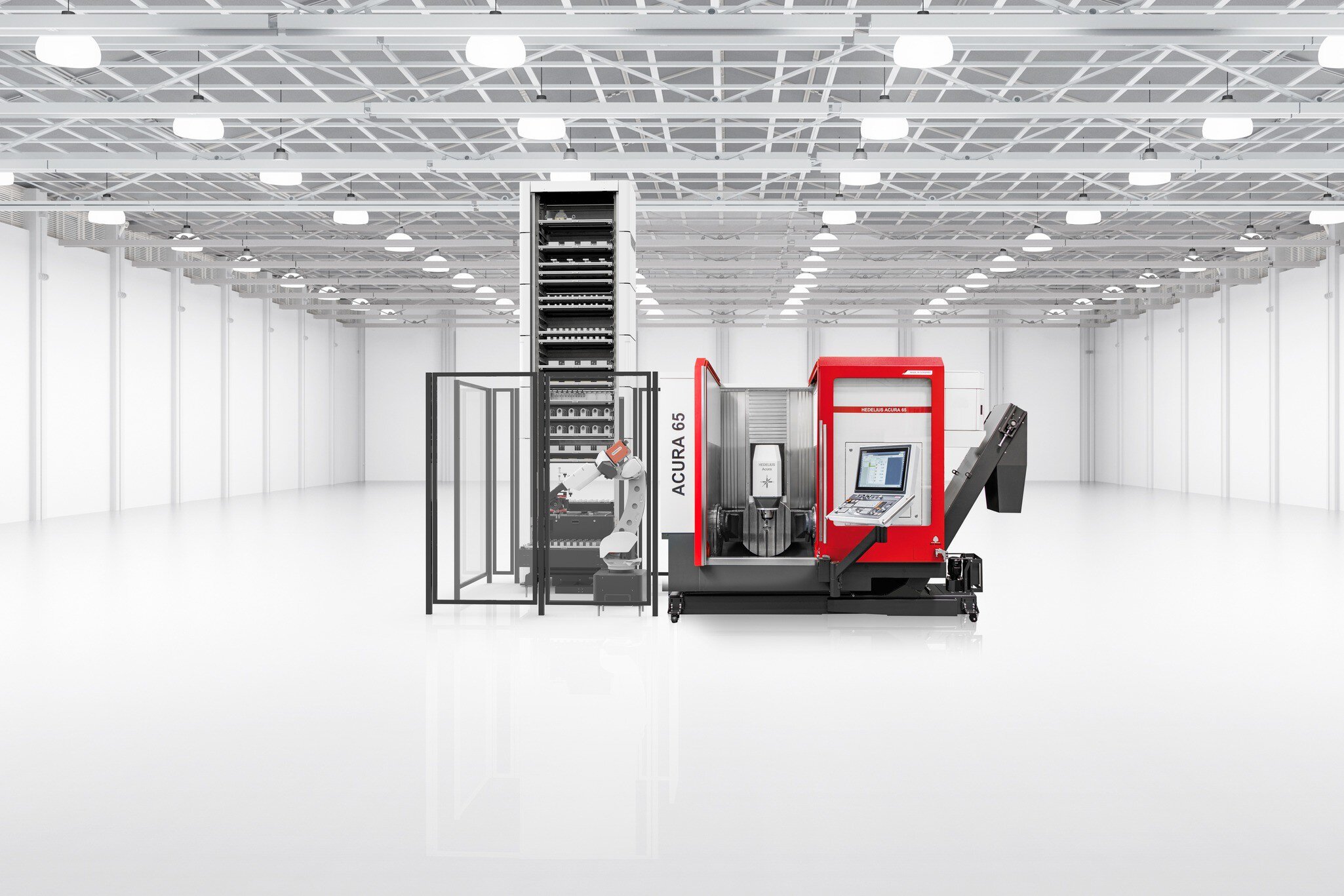 Das 5-Achs-Bearbeitungszentrum HEDELIUS ACURA 65 EL ist mit dem vertikalen RoboJob Tower Liftsystem automatisiert in einer modernen Maschinenhalle dargestellt – präzise CNC-Automation für maximale Effizienz