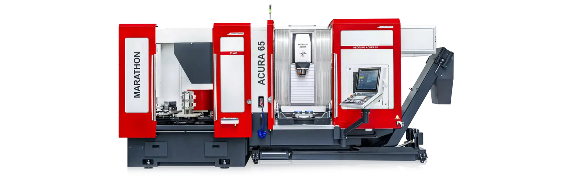 HEDELIUS MARATHON PL406 Palettenautomation mit dem 5-Achs-CNC-Bearbeitungszentrum ACURA 65 MARATHON mit geöffneter Tür