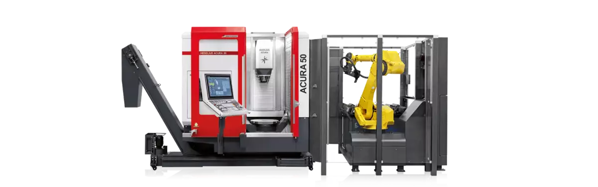 Das HEDELIUS Bearbeitungszentrum ACURA 50 mit der Automationszelle RoboTrex von Lang. Der Fanuc 6-Achs-Roboter ermöglicht die Bearbeitung mehrerer Produktionsserien in einem Produktionslauf.