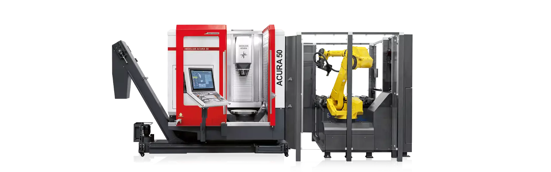 Das HEDELIUS Bearbeitungszentrum ACURA 50 mit der Automationszelle RoboTrex von Lang. Der Fanuc 6-Achs-Roboter ermöglicht die Bearbeitung mehrerer Produktionsserien in einem Produktionslauf.