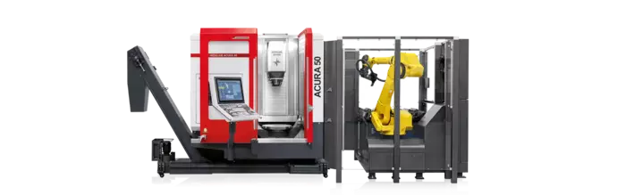 Das HEDELIUS Bearbeitungszentrum ACURA 50 mit der Automationszelle RoboTrex von Lang. Der Fanuc 6-Achs-Roboter ermöglicht die Bearbeitung mehrerer Produktionsserien in einem Produktionslauf.
