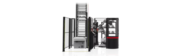 Werkstückautomation mit Liftsystem RoboJob Tower + Bearbeitungszentrum HEDELIUS ACURA 65 EL