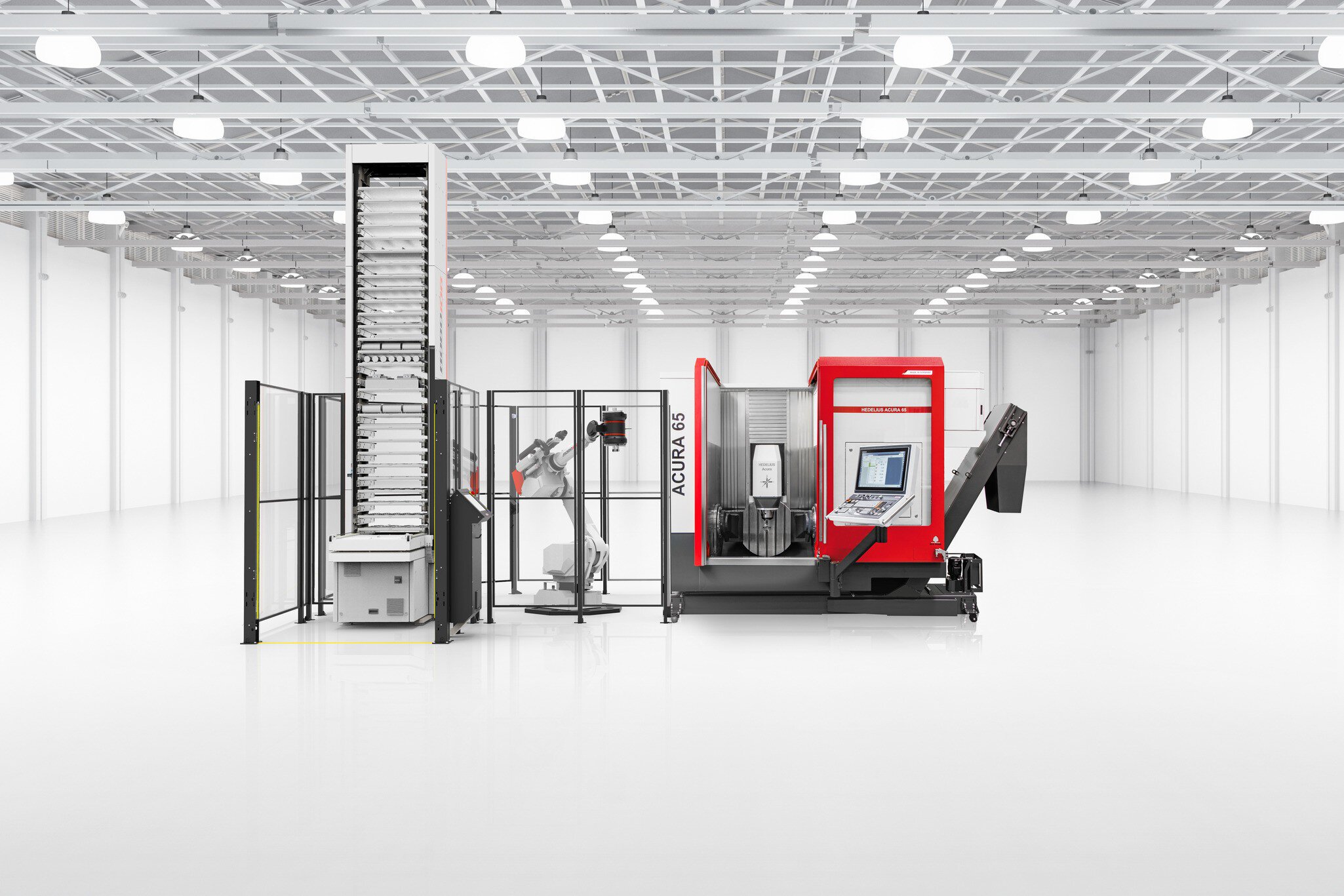 RoboJob Tower Automationslösung mit HEDELIUS ACURA 65 EL 5-Achs-Bearbeitungszentrum in moderner Produktionshalle